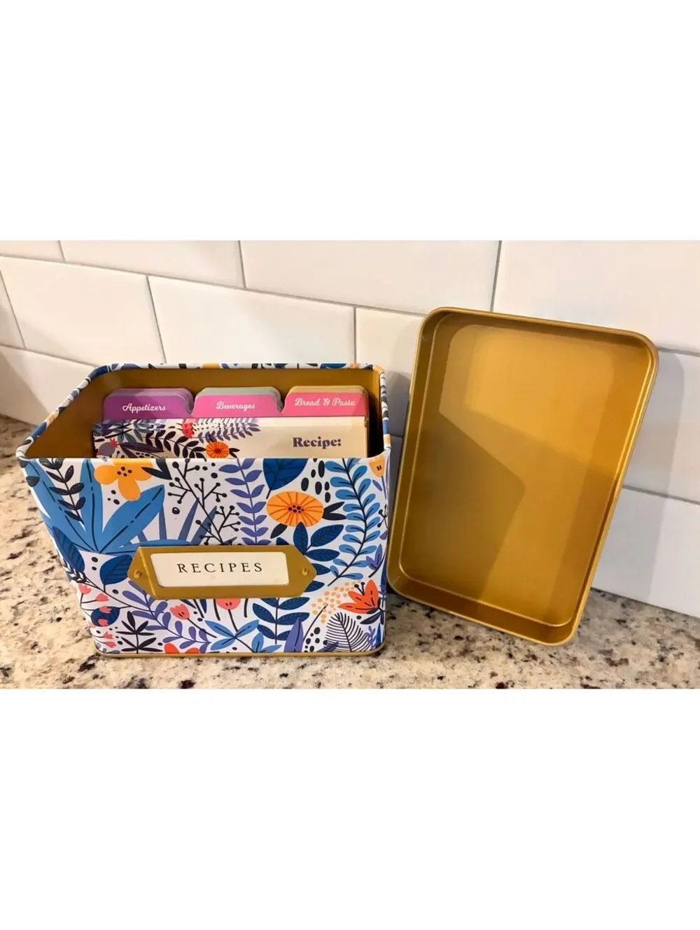 Floral Pattern Recipe Card Box with Dividers and Recipe Cards